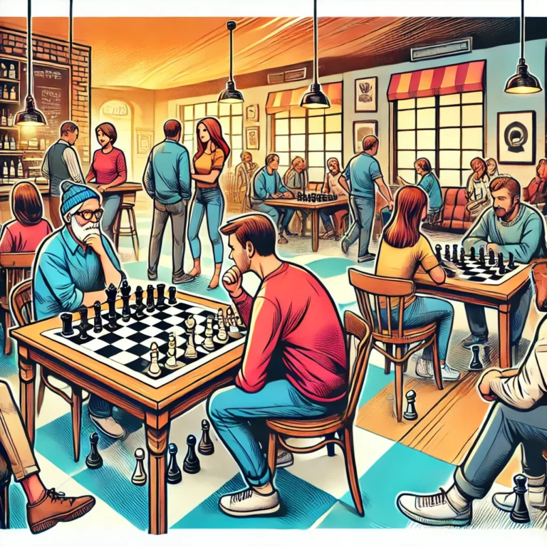 DALL·E 2025 03 09 15.36.17 – A vibrant comic style illustration of people playing chess in a cozy and welcoming community setting. The scene includes a mix of players, from beginn – Roter Stern Berlin